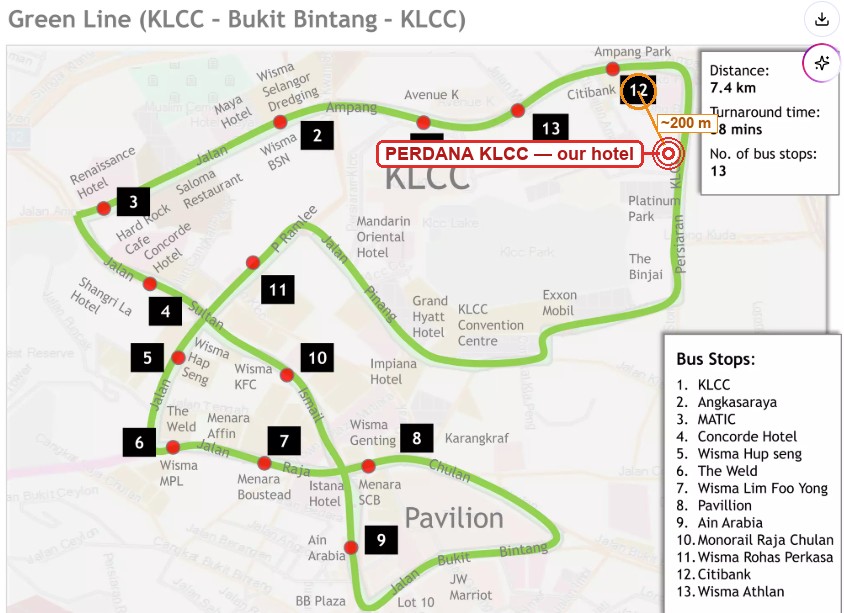 GOKL Green Line route with Perdana marked ~200m from stop 12